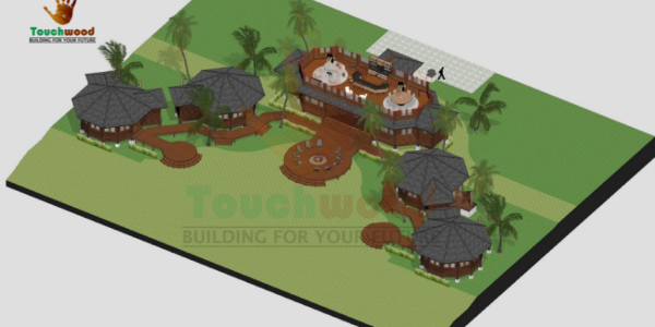 3D visualization of a beachfront restaurant pavilion with open-air dining, designed using Merbau hardwood and ironwood roofing