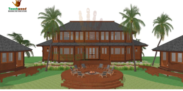 Aerial 3D design of island resort built with hardwood by Touchwood, showing the overall spatial layout and coastal positioning