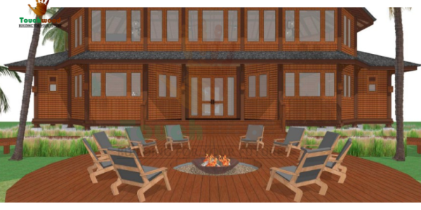 Full masterplan view of a timber resort designed by Touchwood, including restaurant, guest rooms, and connecting walkways