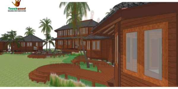 Touchwood’s architectural rendering of a luxury island retreat, combining guest bungalows and shared spaces with sustainable timber design