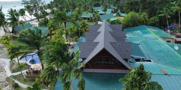 Top view of the finished Merbau wood roofing at the Main Restaurant, Paradise Sun Hotel, Praslin, Seychelles