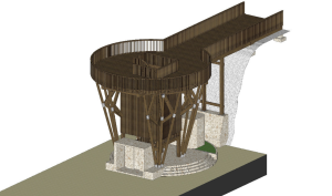 3D render of Touchwood’s platform walkway in Curaçao, showcasing full Bangkirai wood construction with dark finishing and large timber beams, viewed from the front with tropical surroundings