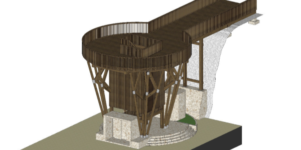 3D render of Touchwood’s platform walkway in Curaçao, showcasing full Bangkirai wood construction with dark finishing and large timber beams, viewed from the front with tropical surroundings.