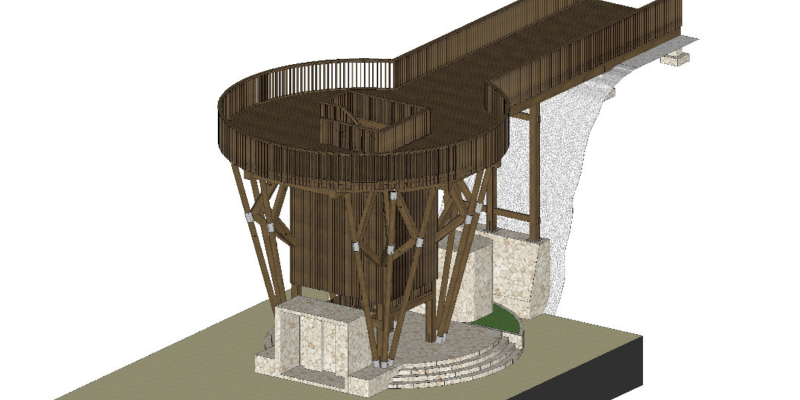 3D render of Touchwood’s platform walkway in Curaçao, showcasing full Bangkirai wood construction with dark finishing and large timber beams, viewed from the front with tropical surroundings.