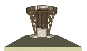 Aerial 3D render of Touchwood Bangkirai platform walkway, highlighting the clean linear layout, dark-finished hardwood planks, and bold structure integrated into a tropical coastal landscape.