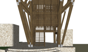 3D visualization of the Touchwood walkway set within a tropical resort environment in Curaçao, highlighting the harmony between natural hardwood materials and the coastal setting