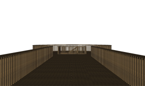 Close-up 3D render of Bangkirai wood texture and connection details on the Touchwood platform walkway, showing the dark finishing and fine joinery typical of Touchwood craftsmanship.