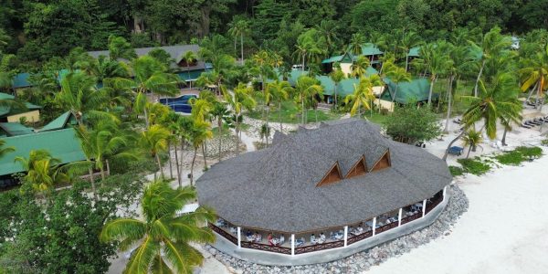 Full view of the Main Restaurant with the finished Merbau roofing, integrating natural hardwood with coastal resort architecture