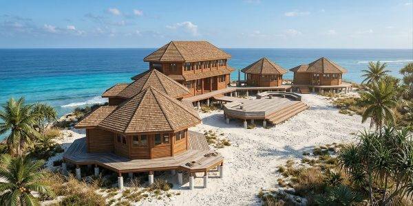 A cluster of luxury wooden beachfront villas built on stilts overlooking turquoise ocean waters, surrounded by white sand and tropical vegetation