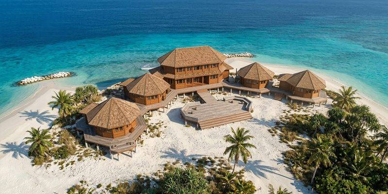 Group of guests relaxing on the central wooden deck of an oceanfront villa resort, surrounded by tropical beach and clear blue sea