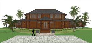 Sunset exterior rendering of a tropical island resort bungalow with Ironwood roof and Merbau structure, highlighting Touchwood’s premium workmanship