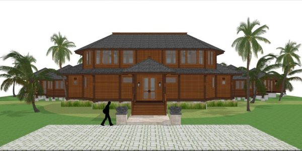 Sunset exterior rendering of a tropical island resort bungalow with Ironwood roof and Merbau structure, highlighting Touchwood’s premium workmanship