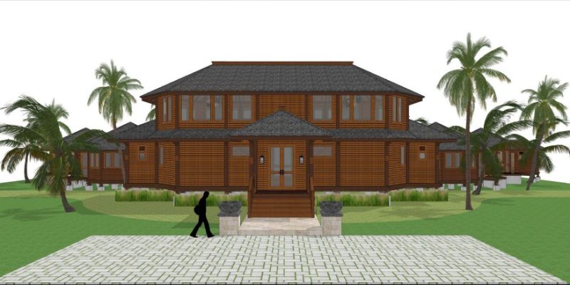 Sunset exterior rendering of a tropical island resort bungalow with Ironwood roof and Merbau structure, highlighting Touchwood’s premium workmanship