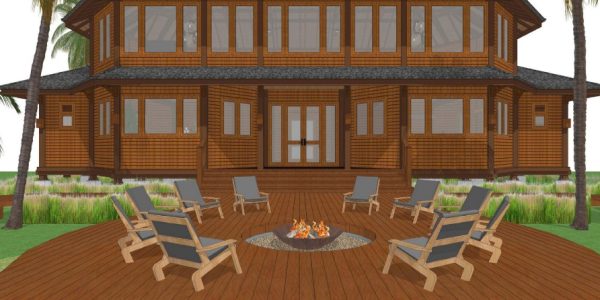 3D exterior rendering of a custom tropical beach bungalow built with Merbau hardwood and Ironwood roofing, designed by Touchwood for a luxury resort in The Bahamas