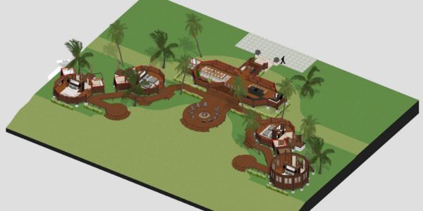 3D masterplan rendering of Touchwood’s tropical hardwood resort layout in The Bahamas, including bungalow clusters, main facilities, and oceanfront circulation paths
