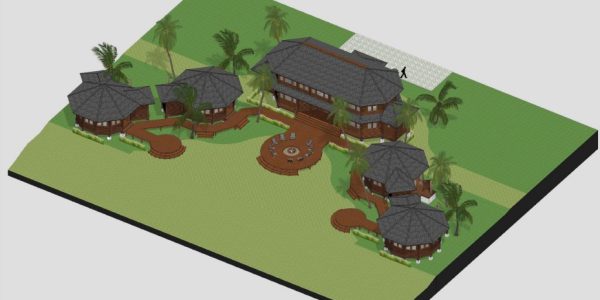 3D exterior rendering of a custom tropical beach bungalow built with Merbau hardwood and Ironwood roofing, designed by Touchwood for a luxury resort in The Bahamas