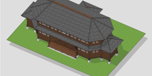 3D exterior rendering of a custom tropical beach bungalow built with Merbau hardwood and Ironwood roofing, designed by Touchwood for a luxury resort in The Bahamas