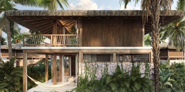Touchwood prefabricated tropical buildings for Kontiki Resorts with synthetic rattan roof design and coastal landscape