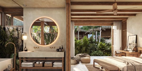 Cement board wall paneling paired with Bangkirai wood elements, creating a modern tropical look for Kontiki Building Project in Curaçao