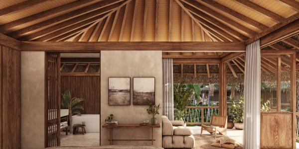 Synthetic rattan roofing detail with waterproofing and insulation layers, part of Touchwood’s tropical building system for Kontiki Resorts