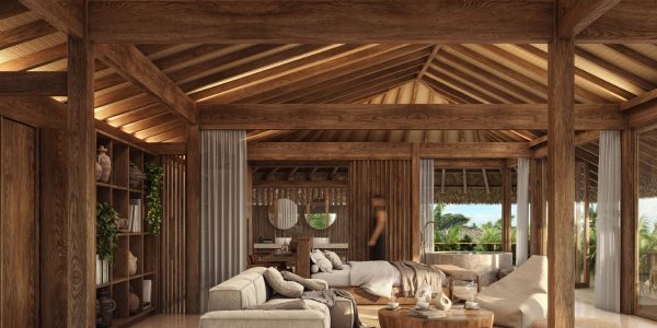 Kontiki Building Project in Curaçao designed by Jesus Acosta and prefabricated by Touchwood using Bangkirai hardwood and synthetic rattan roof