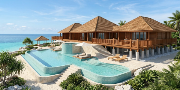 Luxury beachfront wooden villa with elevated structure, infinity pool, sun loungers, and turquoise ocean backdrop.
