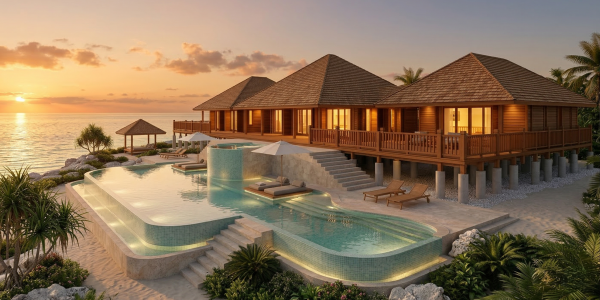 Beachfront wooden villa with illuminated infinity pool at sunset, surrounded by tropical landscaping.