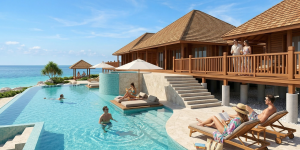 Guests relaxing around an infinity pool in front of a luxury wooden beachfront villa overlooking a bright blue ocean.