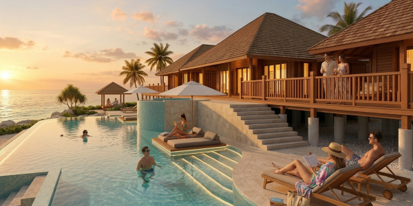 Luxury tropical villa at sunset with people enjoying the infinity pool, sun loungers, and oceanfront views.